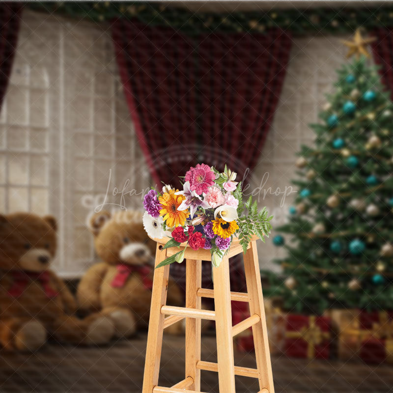 Lofaris Cozy Christmas Window Photography Backdrop Teddy Bears and Tree with Red Curtains Holiday Mini Sessions