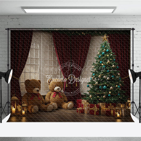 Lofaris Cozy Christmas Window Photography Backdrop Teddy Bears and Tree with Red Curtains Holiday Mini Sessions