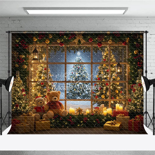 Lofaris Cozy Christmas Window Photography Backdrop Teddy Bears and Trees with a Snowy View Holiday Photo Background