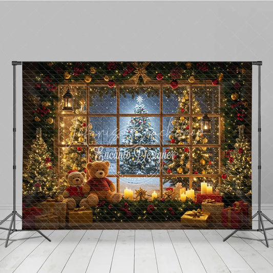 Lofaris Cozy Christmas Window Photography Backdrop Teddy Bears and Trees with a Snowy View Holiday Photo Background