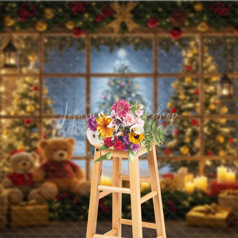 Lofaris Cozy Christmas Window Photography Backdrop Teddy Bears and Trees with a Snowy View Holiday Photo Background
