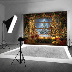Lofaris Cozy Christmas Window Photography Backdrop Teddy Bears and Trees with a Snowy View Holiday Photo Background