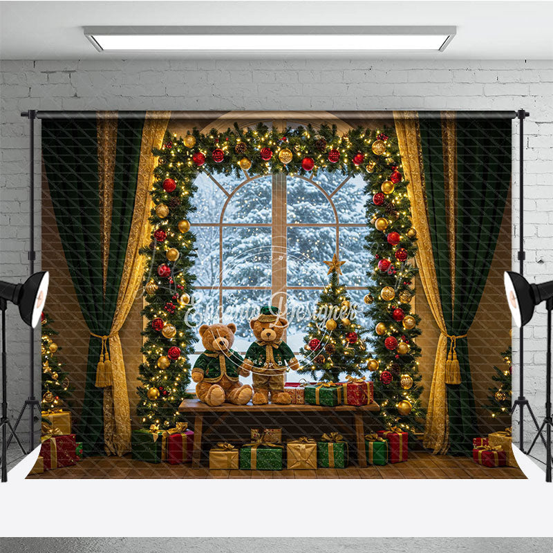 Lofaris Cozy Christmas Window Photography Backdrop Teddy Bears in Snowy Alcove Holiday Mini Session Background