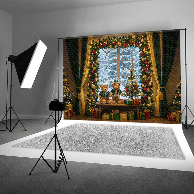 Lofaris Cozy Christmas Window Photography Backdrop Teddy Bears in Snowy Alcove Holiday Mini Session Background