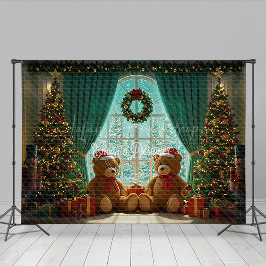 Lofaris Cozy Christmas Window Photography Backdrop Teddy Bears with Santa Hats Holiday Mini Session Background