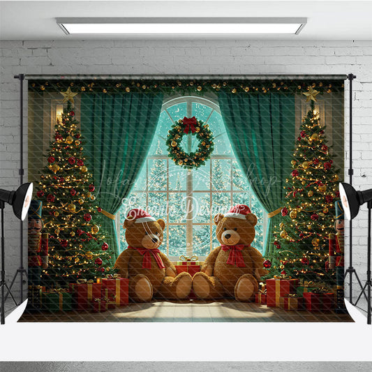 Lofaris Cozy Christmas Window Photography Backdrop Teddy Bears with Santa Hats Holiday Mini Session Background