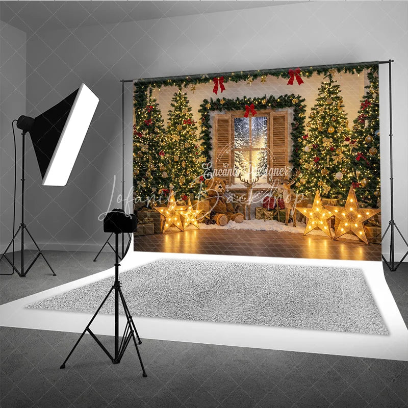 Lofaris Cozy Christmas Window Photography Backdrop with Reindeer and Teddy Bear Lighted Stars Holiday Photo Background