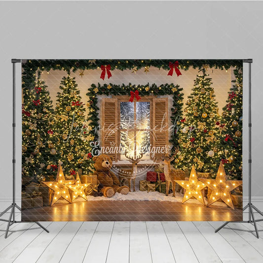 Lofaris Cozy Christmas Window Photography Backdrop with Reindeer and Teddy Bear Lighted Stars Holiday Photo Background