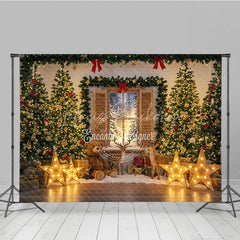 Lofaris Cozy Christmas Window Photography Backdrop with Reindeer and Teddy Bear Lighted Stars Holiday Photo Background
