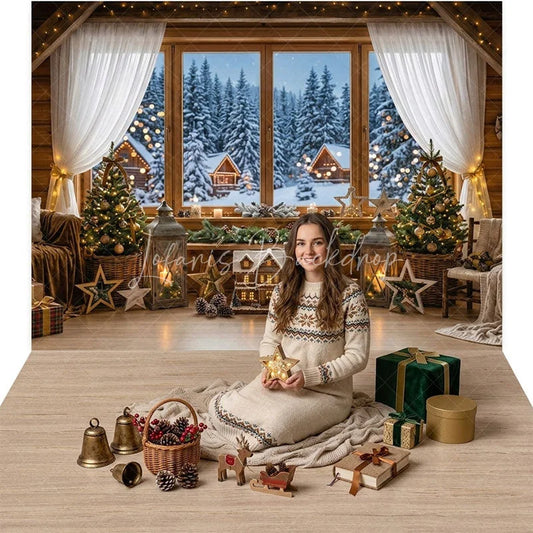 Lofaris Cozy Christmas Winter Cabin Window View Combo Set Backdrop with Snowy Forest Holiday Party Photography Decor