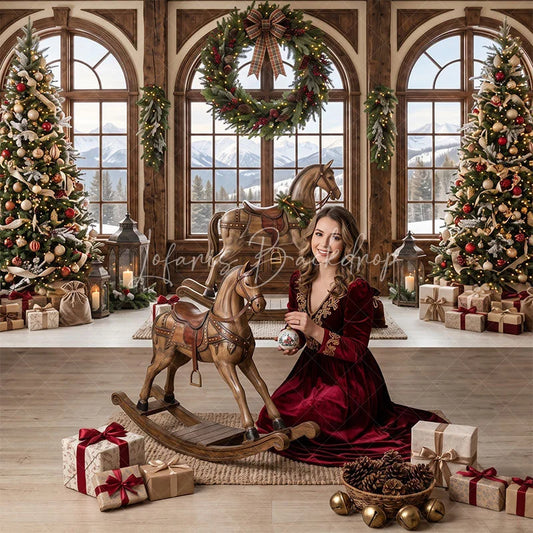 Lofaris Cozy Christmas Winter Wonderland Combo Set Backdrop Snowy Mountain Window Rocking Horse and Decorated Trees Decor