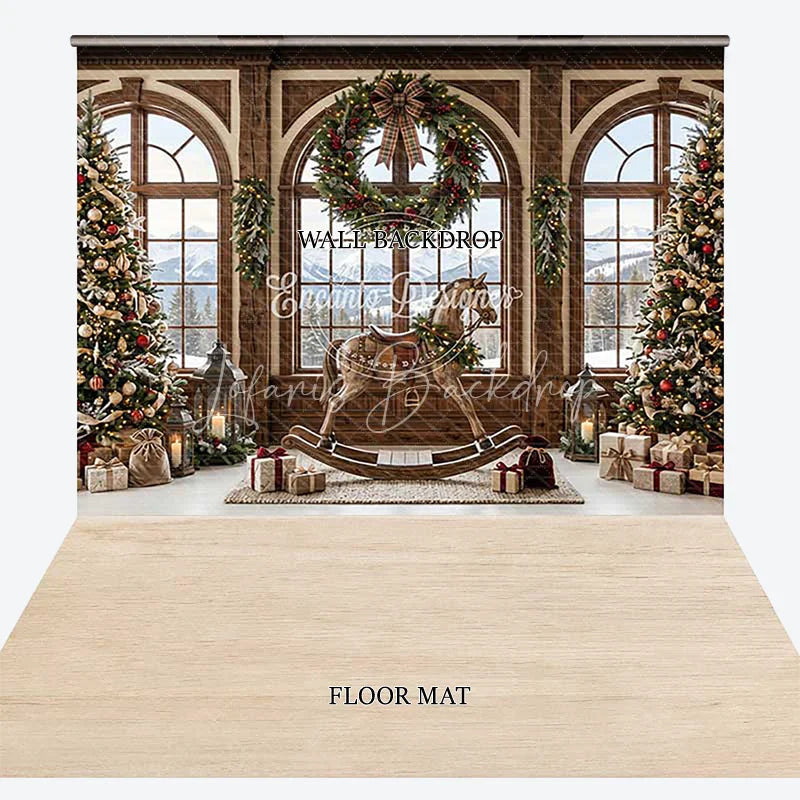 Lofaris Cozy Christmas Winter Wonderland Combo Set Backdrop Snowy Mountain Window Rocking Horse and Decorated Trees Decor