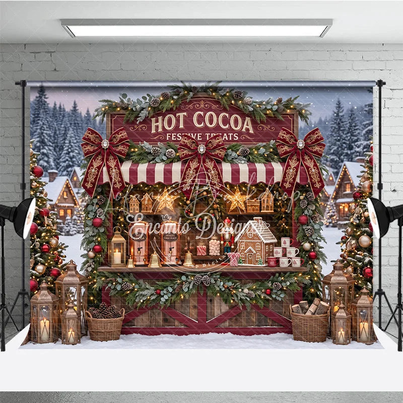 Lofaris Cozy Hot Cocoa Stand and Gingerbread House Holiday Backdrop Festive Winter Village Christmas Party Decor