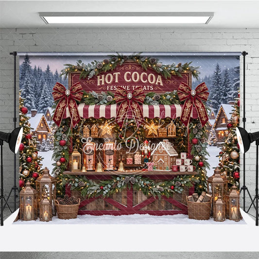 Lofaris Cozy Hot Cocoa Stand and Gingerbread House Holiday Backdrop Festive Winter Village Christmas Party Decor