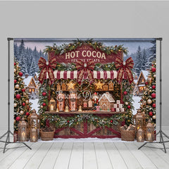 Lofaris Cozy Hot Cocoa Stand and Gingerbread House Holiday Backdrop Festive Winter Village Christmas Party Decor