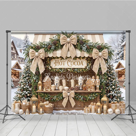 Lofaris Cozy Hot Cocoa Stand Christmas Holiday Backdrop with Snowy Trees Elegant Garlands and Gingerbread Decor