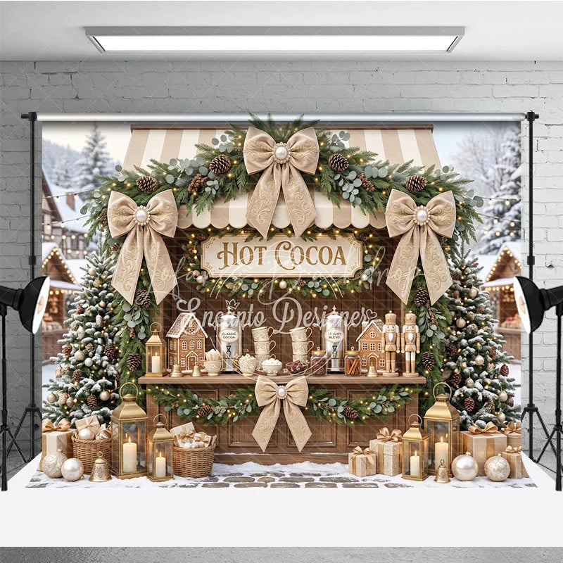 Lofaris Cozy Hot Cocoa Stand Christmas Holiday Backdrop with Snowy Trees Elegant Garlands and Gingerbread Decor
