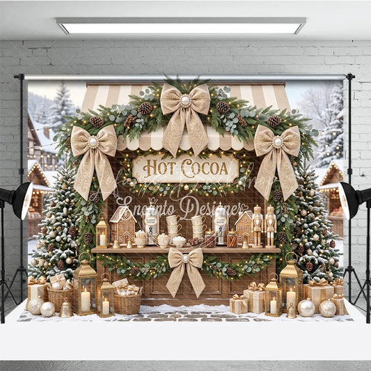 Lofaris Cozy Hot Cocoa Stand Christmas Holiday Backdrop with Snowy Trees Elegant Garlands and Gingerbread Decor