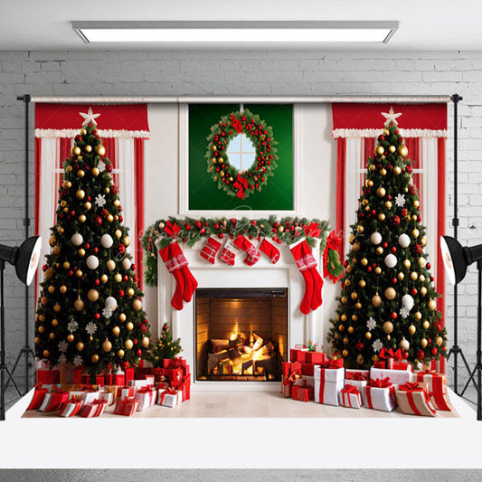 Lofaris Cozy Indoor Fireplace Socks Wreath Christmas Backdrop