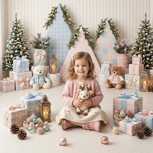 Lofaris Cozy Pastel Pink and Blue Christmas Tree with Teddy Bears Gifts Combo Set Backdrop Holiday Photography