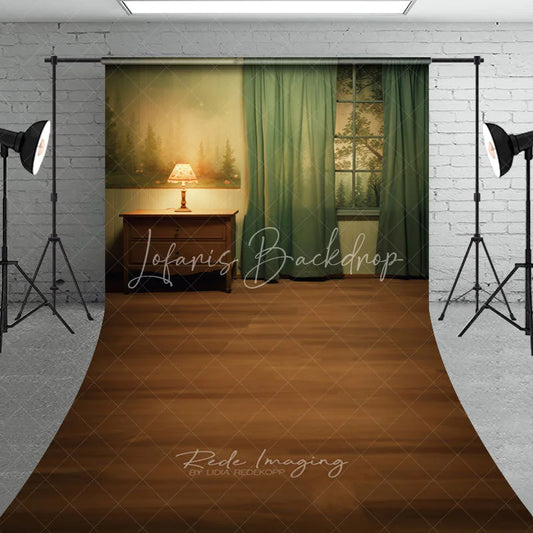 Lofaris Cozy Room Interior with Forest Window View and Wooden Floor Sweep Backdrop Rustic Photography Prop