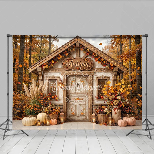 Lofaris Cozy Rustic Autumn Cabin Photography Backdrop with Fall Forest Pumpkins and Harvest Decor for Seasonal Photoshoot