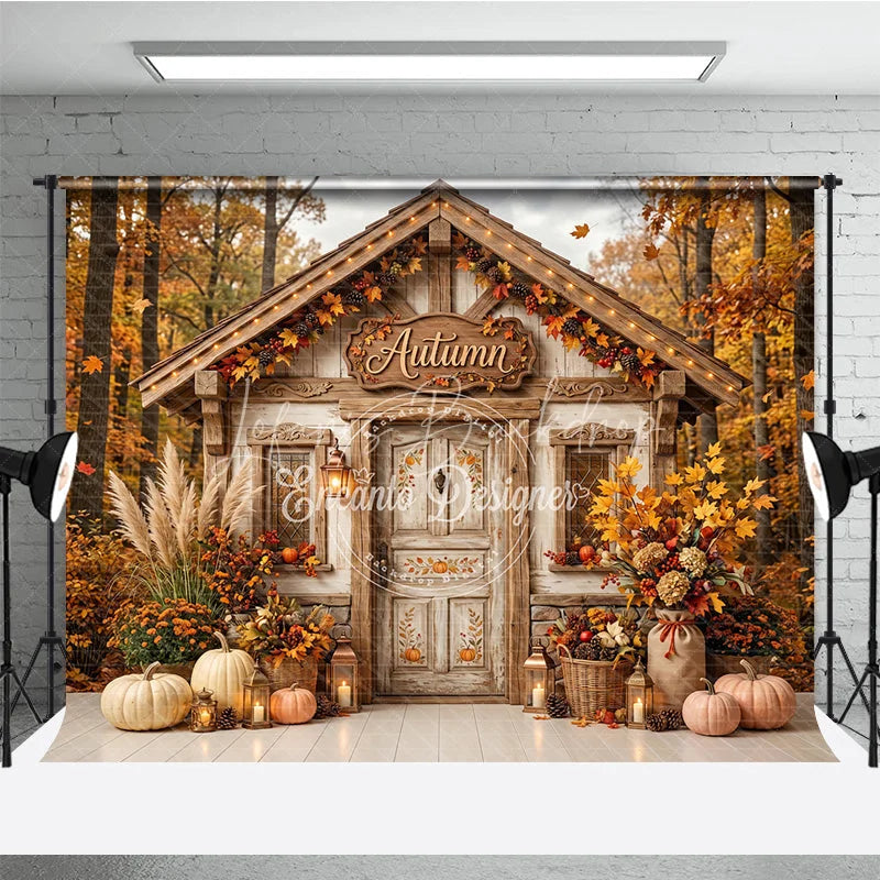 Lofaris Cozy Rustic Autumn Cabin Photography Backdrop with Fall Forest Pumpkins and Harvest Decor for Seasonal Photoshoot