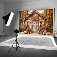 Lofaris Cozy Rustic Autumn Cabin Photography Backdrop with Fall Forest Pumpkins and Harvest Decor for Seasonal Photoshoot