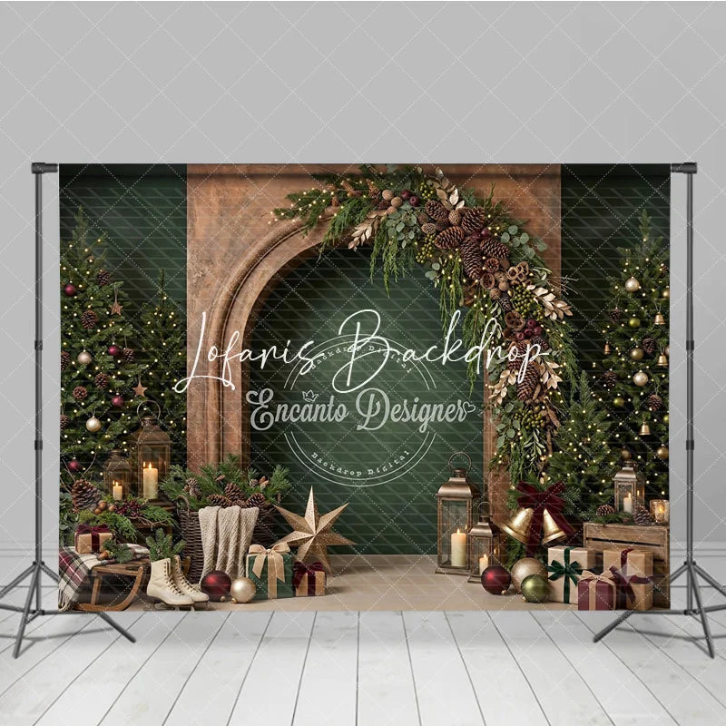 Lofaris Cozy Rustic Christmas Photography Backdrop featuring Decorated Trees Fireplace Arch Garland and Festive Gifts