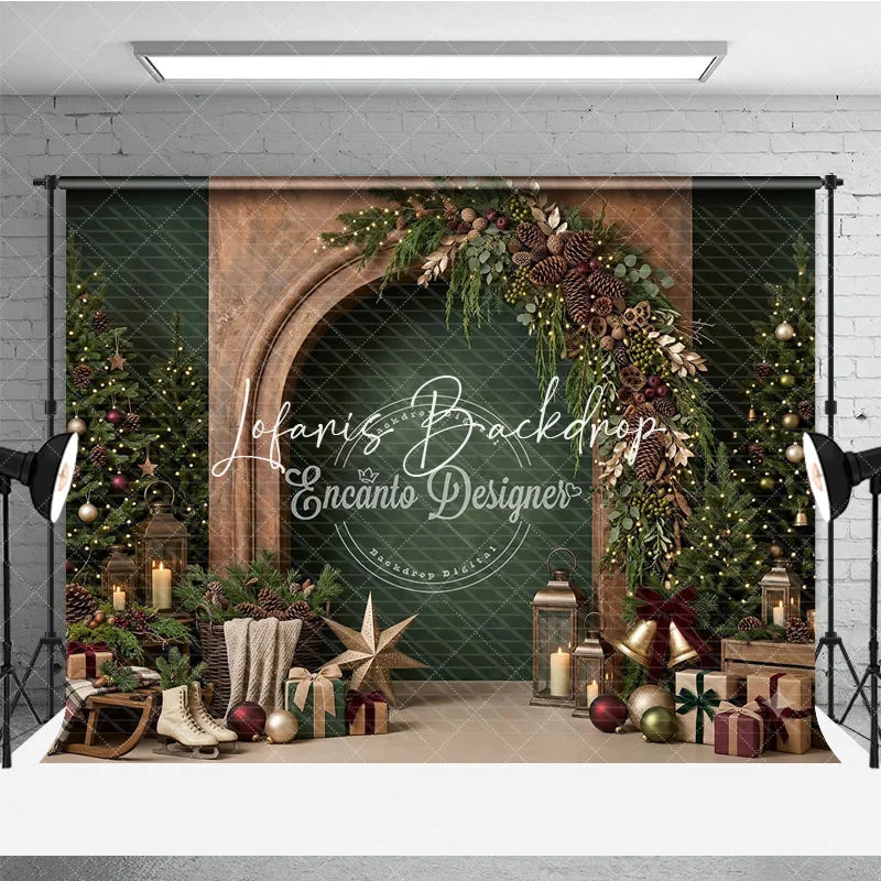 Lofaris Cozy Rustic Christmas Photography Backdrop featuring Decorated Trees Fireplace Arch Garland and Festive Gifts