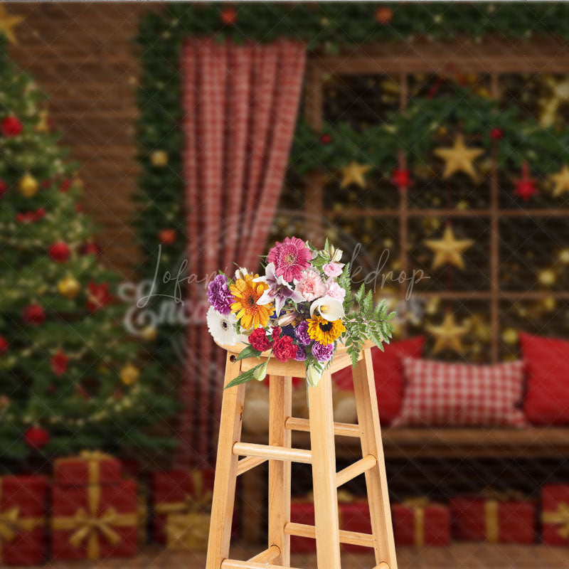 Lofaris Cozy Rustic Christmas Photography Backdrop Wood Wall with Teddy Bears and Tree Holiday Mini Session Background