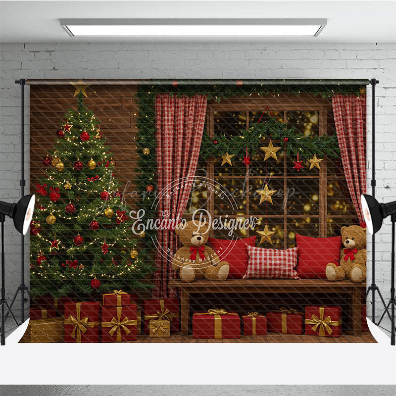 Lofaris Cozy Rustic Christmas Photography Backdrop Wood Wall with Teddy Bears and Tree Holiday Mini Session Background