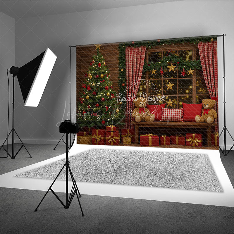 Lofaris Cozy Rustic Christmas Photography Backdrop Wood Wall with Teddy Bears and Tree Holiday Mini Session Background