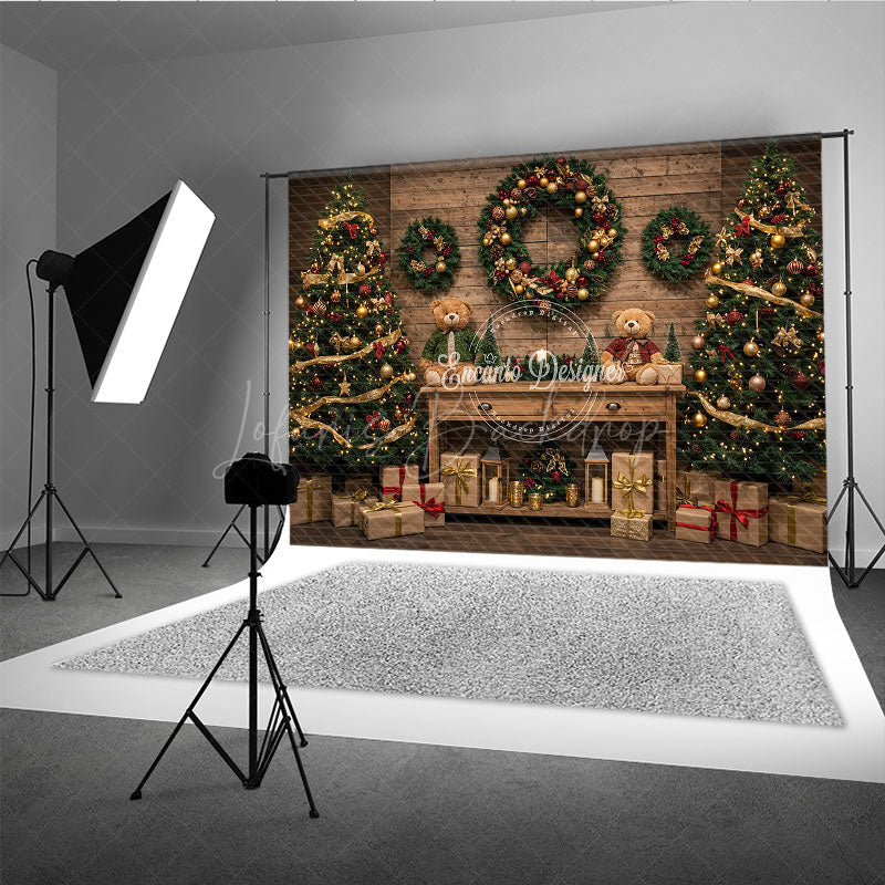 Lofaris Cozy Rustic Christmas Photography Backdrop Wood Wall with Teddy Bears and Trees Farmhouse Holiday Background