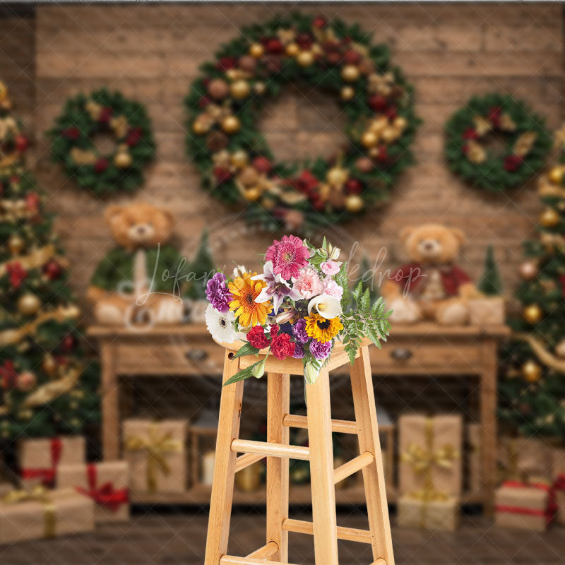 Lofaris Cozy Rustic Christmas Photography Backdrop Wood Wall with Teddy Bears and Trees Farmhouse Holiday Background