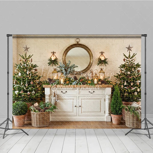 Lofaris Cozy Rustic Christmas Trees and White Cabinet Holiday Backdrop Elegant Gold Mirror Lanterns Decor