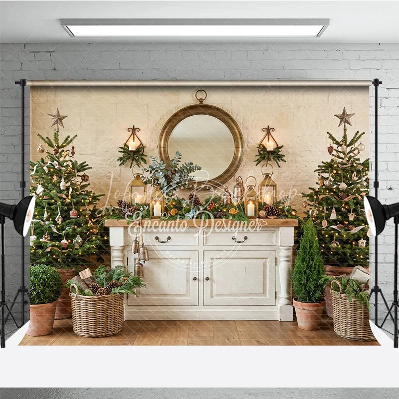 Lofaris Cozy Rustic Christmas Trees and White Cabinet Holiday Backdrop Elegant Gold Mirror Lanterns Decor