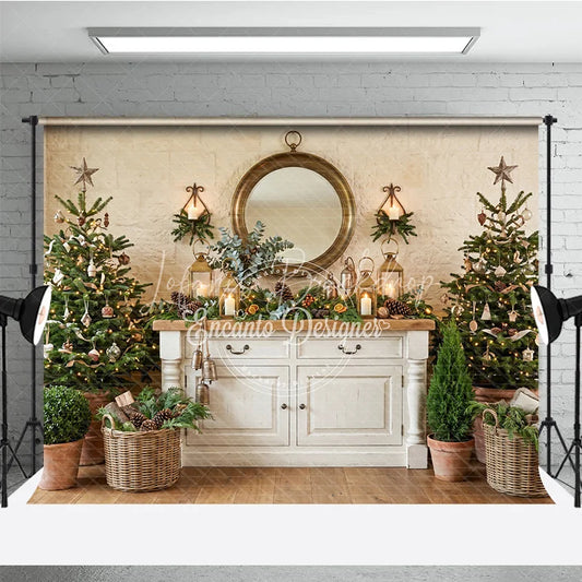 Lofaris Cozy Rustic Christmas Trees and White Cabinet Holiday Backdrop Elegant Gold Mirror Lanterns Decor