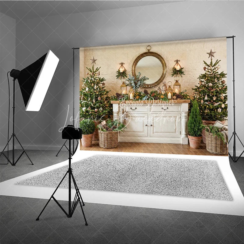 Lofaris Cozy Rustic Christmas Trees and White Cabinet Holiday Backdrop Elegant Gold Mirror Lanterns Decor