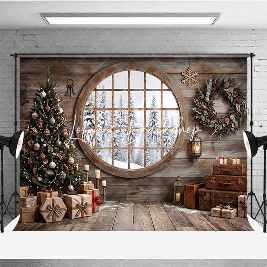 Lofaris Cozy Rustic Wooden Cabin Christmas Tree Holiday Backdrop Snowy Window Winter Gifts and Wreath Decor