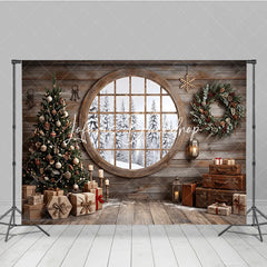 Lofaris Cozy Rustic Wooden Cabin Christmas Tree Holiday Backdrop Snowy Window Winter Gifts and Wreath Decor