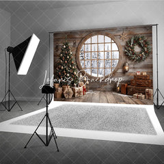 Lofaris Cozy Rustic Wooden Cabin Christmas Tree Holiday Backdrop Snowy Window Winter Gifts and Wreath Decor
