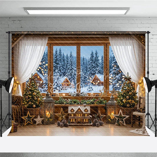 Lofaris Cozy Rustic Wooden Cabin Window Holiday Backdrop with Snowy Forest Christmas Trees and Festive Lights