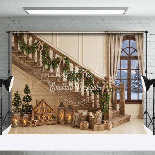 Lofaris Cozy Rustic Wooden Staircase Christmas Garland Holiday Backdrop Snowy Window Winter Festive Decor