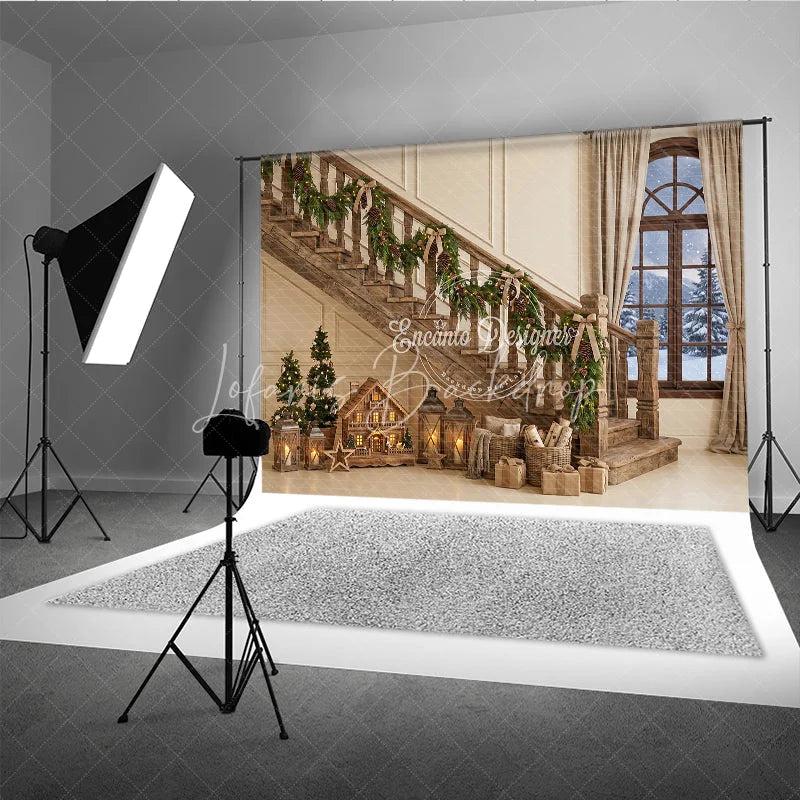 Lofaris Cozy Rustic Wooden Staircase Christmas Garland Holiday Backdrop Snowy Window Winter Festive Decor