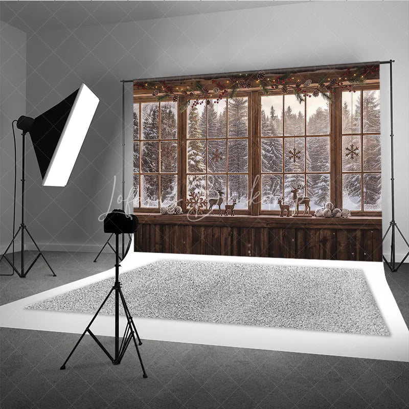 Lofaris Cozy Rustic Wooden Window Photography Backdrop with Snowy Forest View Pinecones Berries and Reindeer Decor