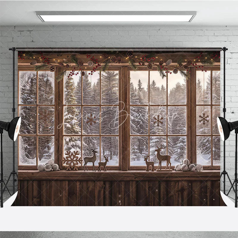 Lofaris Cozy Rustic Wooden Window Photography Backdrop with Snowy Forest View Pinecones Berries and Reindeer Decor