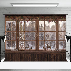 Lofaris Cozy Rustic Wooden Window Photography Backdrop with Snowy Forest View Pinecones Berries and Reindeer Decor