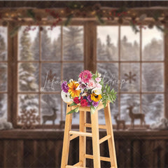 Lofaris Cozy Rustic Wooden Window Photography Backdrop with Snowy Forest View Pinecones Berries and Reindeer Decor