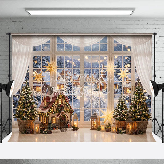 Lofaris Cozy Snowy Village Holiday Backdrop with Christmas Trees Gingerbread House and Golden Stars